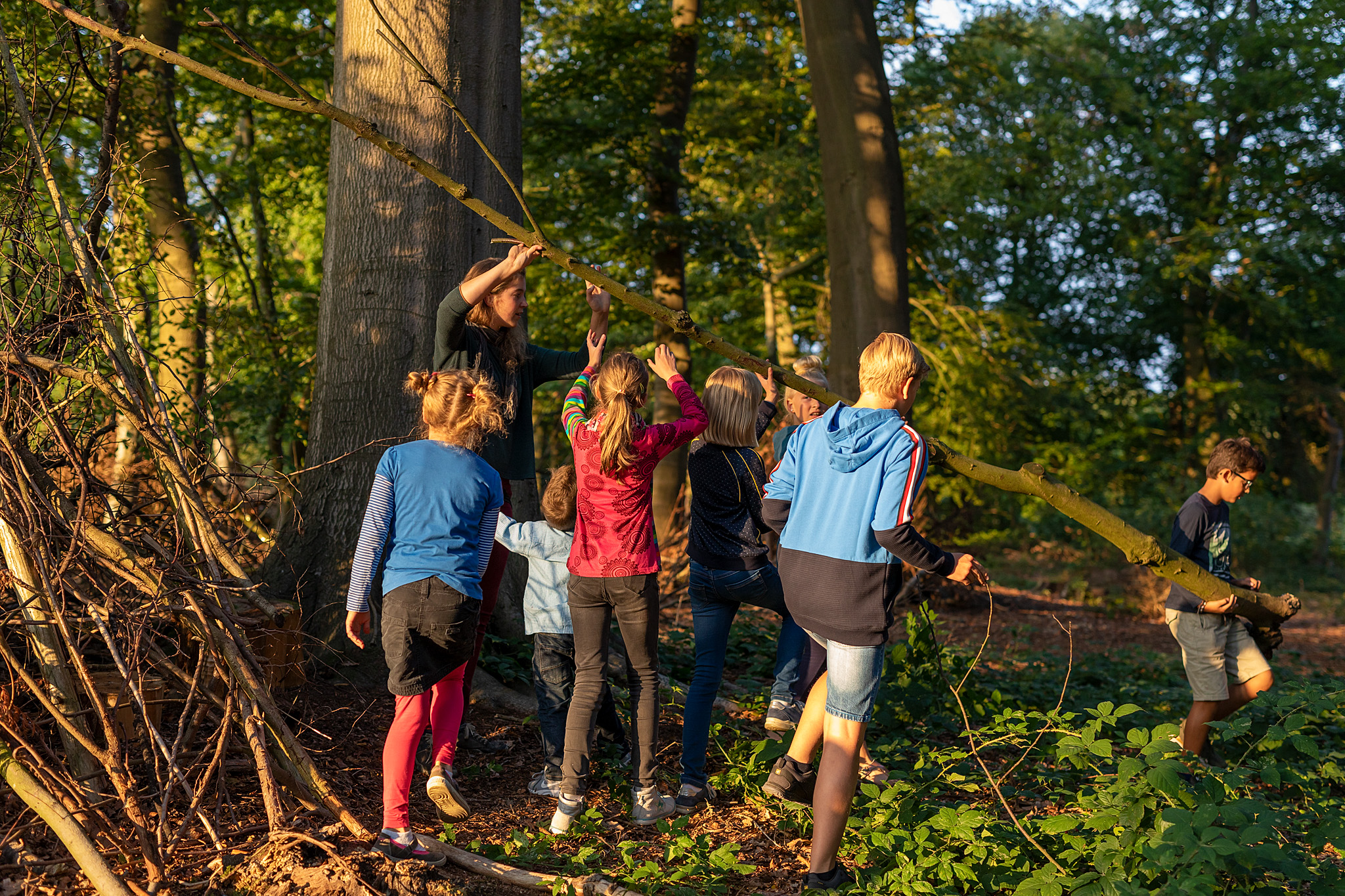 Kinder bauen Hütten aus Ästen und Zweigen